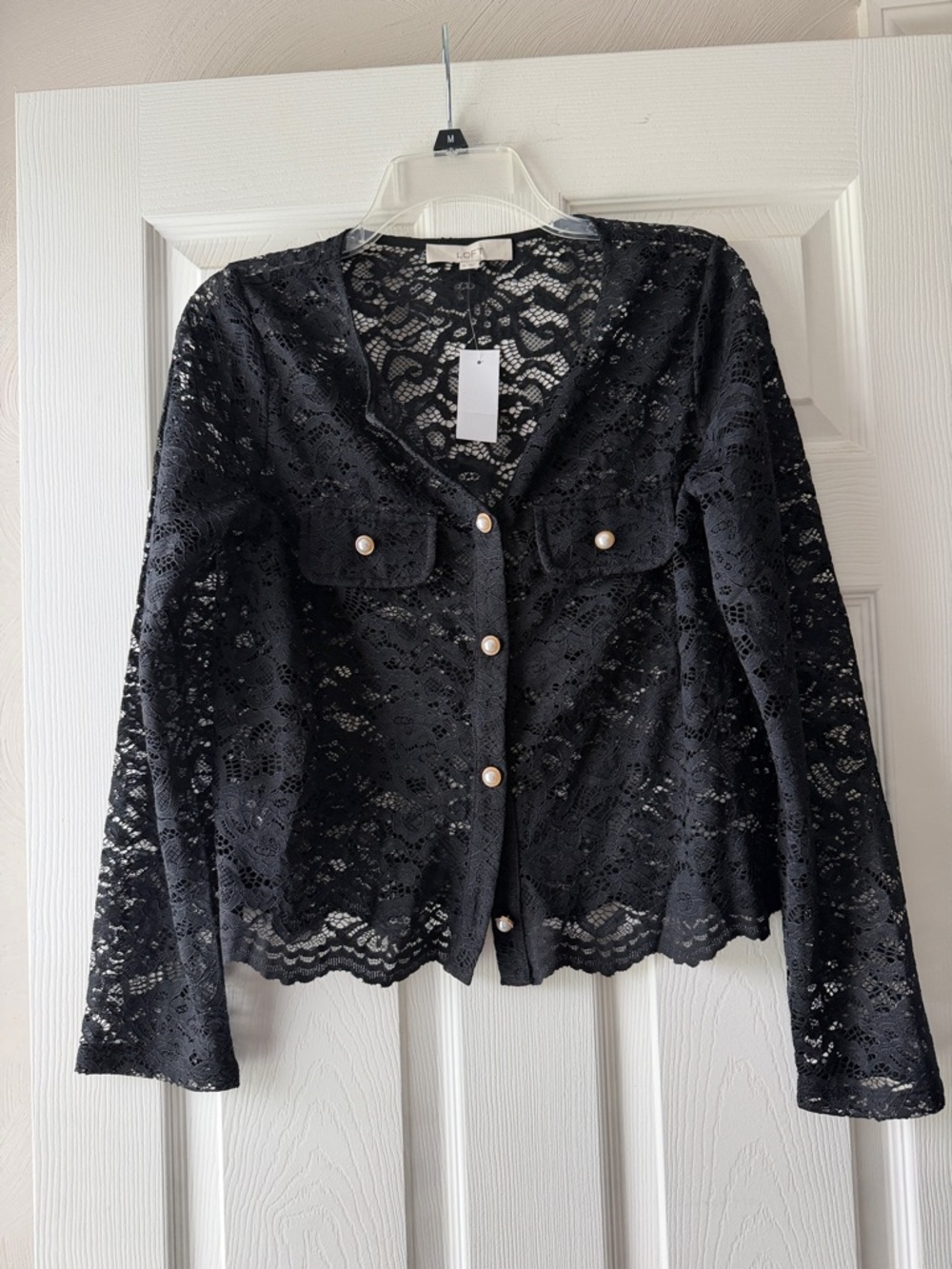 Loft Black Lace Button-Front Jacket with Pearl Buttons